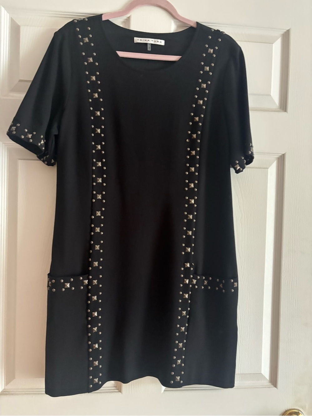 Trina Turk Black Shift Dress with Silver Stud Trim